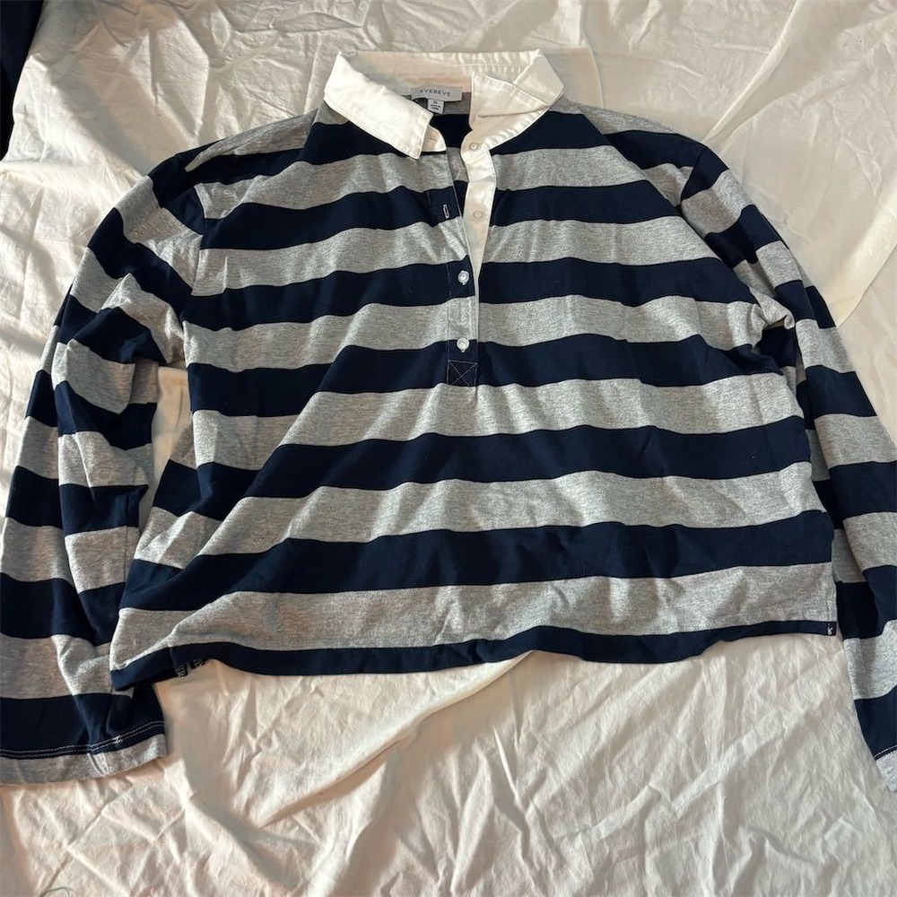 Evereve Navy and Gray Striped Rugby Shirt with White Collar